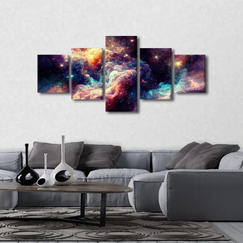 Vista 3 de Pintura en lienzo colorida para sala de estar, 5 paneles, impresiones abstractas sobre lienzo, arte de pared para sala de estar, dormitorio