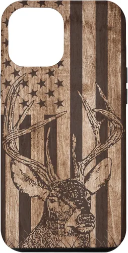 Vista 25 de Funda de madera para iPhone 16 con diseño de ciervo de cola blanca para caza cazador de bandera estadounidense