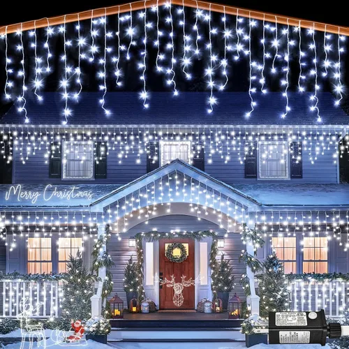 Vista 10 de Luces de carámbano, luces de Navidad de 33 pies con 400 LED, 75 caídas, 8 modos, enchufable e impermeable, para festividades, boda, fiesta, hogar