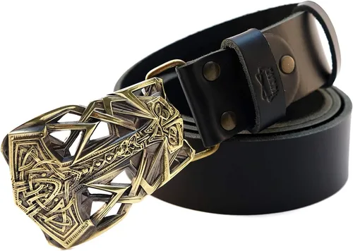 Vista 5 de Leather belt with buckle Thor's Hammer, Scandinavian Old Norse Viking Mjolnir solid brass belt buckle on belt