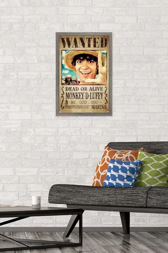 Vista 2 de Netflix One Piece - Póster de pared de Luffy Wanted, 22.4 pulgadas de largo x 14.7 pulgadas de ancho, versión enmarcada de madera de granero Versión
