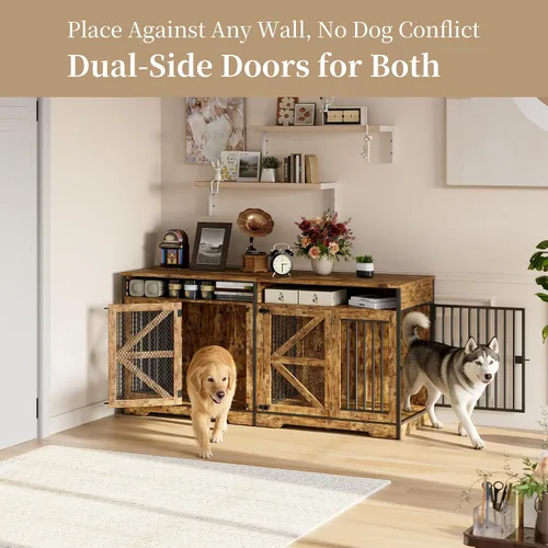 Vista 4 de Donox Mueble de jaula para perros para 1 o 2 perros, doble perrera con divisor extraíble y puertas dobles, mesa consola de madera resistente