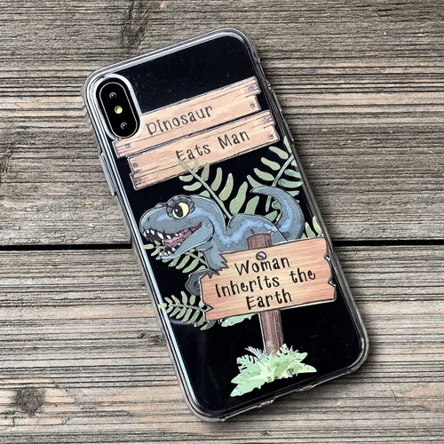 Vista 3 de Figment & Fable Funda de TPU transparente para iPhone 15 Pro Max 14 13 12 Mini 11 SE 6 7 8 Plus Dinosaurio Eats Man