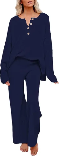 Vista 12 de Viottiset Conjunto de 2 piezas para mujer, sudadera de punto de manga larga, pantalones de pierna ancha, ropa de descanso Beige