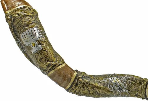 Vista 3 de Shofar kosher kudu yemenita artístico 42"-45" con símbolo de menorá Israel