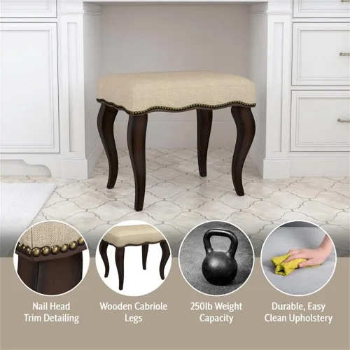 Vista 4 de Hillsdale Hamilton Taburete tapizado de madera y sin espalda para sala de maquillaje y baño, roble bruñido