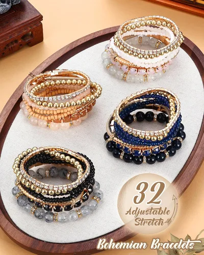 Vista 4 de MILACOLATO 4 juegos de pulseras boho para mujer, multicolor, apilables, con cuentas naturales, pulseras elásticas ajustables bohemias Pulseras A - 4