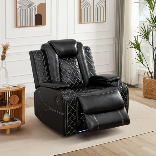 Vista 10 de Juego de sofá reclinable eléctrico, sofás reclinables de cuero negro, 3 piezas de sofá reclinable de cuero de aire y silla de dos plazas con luces