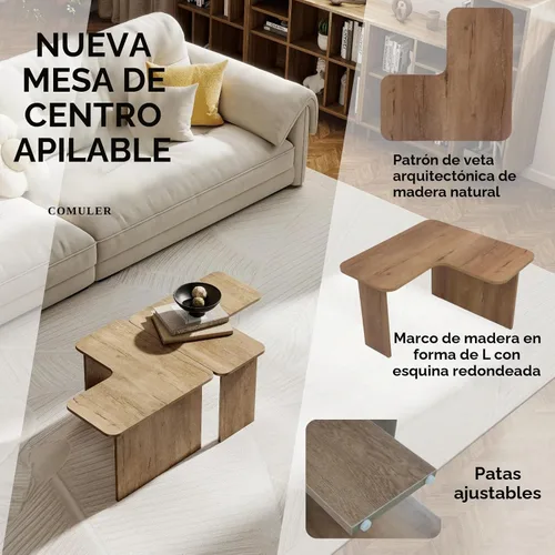 Vista 3 de Juego de 2 mesas de centro anidables modernas, de madera natural, en forma de L, para sala de estar, mesa auxiliar pequeña con mesa central ligera