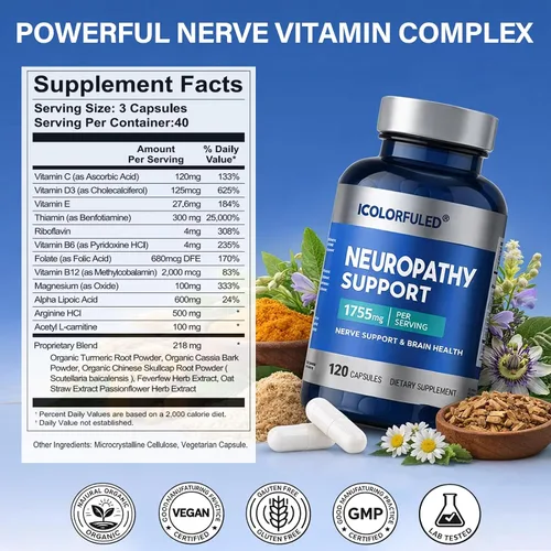 Vista 7 de icolorfuled Suplementos de neuropatía, salvador de nervios para neuropatía con 600 mg de ácido alfa lipoico y vitaminas B, fortalecen los nervios
