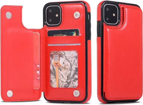 Vista 5 de UEEBAI Funda para iPhone 11 Pro Max, funda de piel sintética de lujo con [dos cierres magnéticos] [ranuras para tarjetas] función de soporte