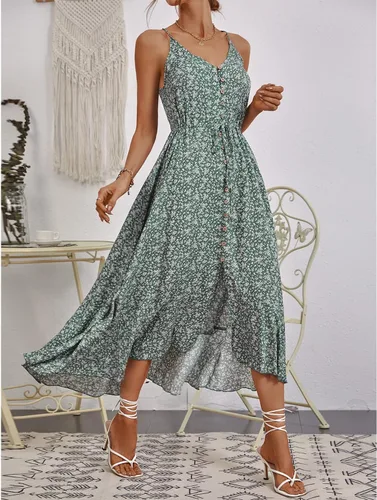 Vista 2 de BROVAVE - Vestido de verano 2023 para mujer, diseño informal, bohemio, con lunares, tirantes delgados, cuello en V, holgado y de largo por debajo