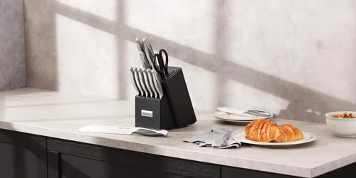 Vista 5 de Oneida Crosshatch - Juego de cuchillos de cocina con bloque (14 piezas) stainless steel, polished finish includes 6 steak knives precise