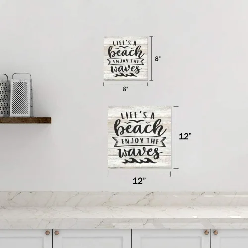 Vista 4 de Life a Beach, letrero de madera blanca de aspecto rústico con texto en inglés "Enjoy the Waves", para decoración de pared, de 8 x 8 pulgadas