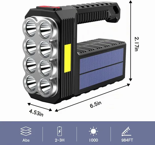 Vista 2 de Linterna Solar de 8 LED con Luz Lateral COB, 1000 Lúmenes Linternas Alimentadas por Energía Solar, Linternas de Mano Impermeables con Carga Solar