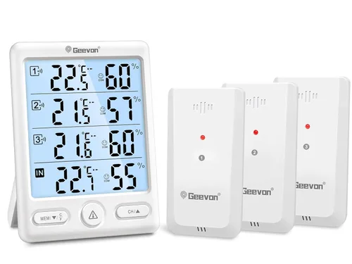 Vista 10 de Geevon Termómetro inalámbrico para interiores y exteriores, 3 sensores remotos, pantalla de 5 pulgadas, termómetro higrómetro digital, monitor