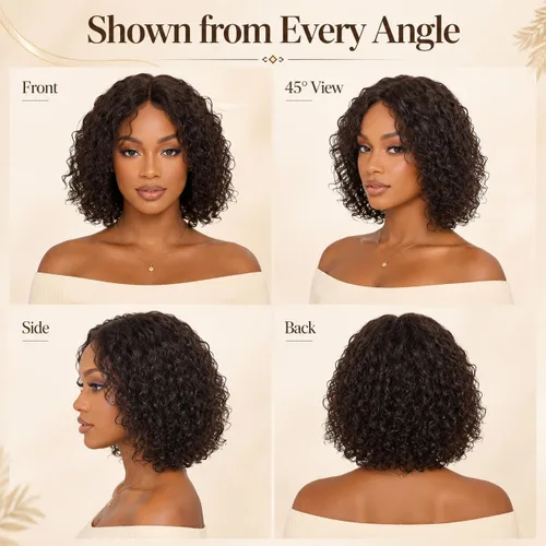 Vista 5 de Peluca de cabello humano rizado profundo de 12 pulgadas para mujeres negras, color natural Glueless T Part HD Curls Lace Front Wigs, Pre-Plucked