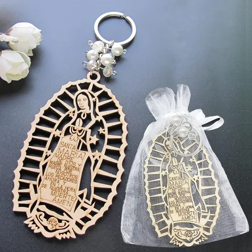 Vista 4 de 12 llaveros de Nuestra Señora de Guadalupe con bolsas de regalo Bautizo Recuerdo Marrón, Marrón