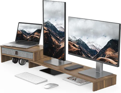 Vista 12 de Fenge - Soporte elevador para monitor de computadora con cajón para 2 o 3 monitores, soporte de escritorio ajustable en longitud y ángulo para Negro