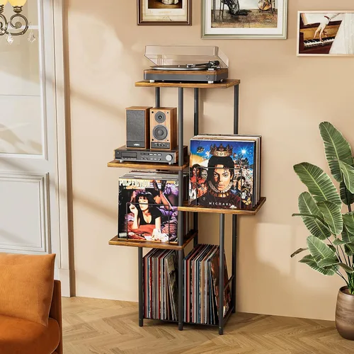 Vista 8 de Soporte para Tocadiscos, Soporte de Almacenamiento de Discos de Vinilo con Estante de Exhibición, Mesa de Soporte para Tocadiscos con Divisores