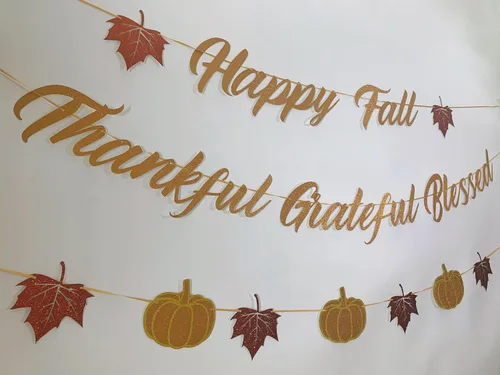 Vista 3 de Tinbax Decoración de otoño para el hogar, decoración de Acción de Gracias, pancarta con texto en inglés «Happy Fall and Blessed Grateful Thankful»
