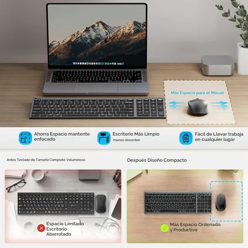 Vista 5 de iClever Combo de teclado y mouse inalámbricos Bluetooth DK05, gris espacial Gris y negro