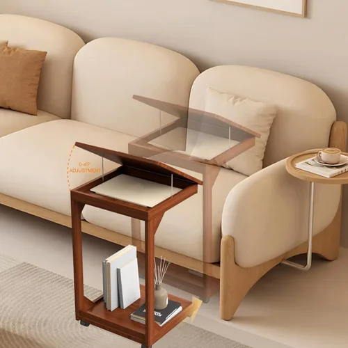 Vista 5 de Mesa de sofá en forma de C, mesa auxiliar con ruedas giratorias de 360°, mesa auxiliar inclinable ajustable de 45° para sofá portátil, mesas
