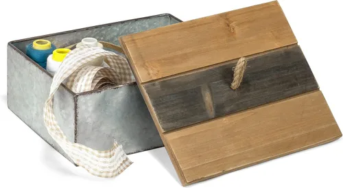 Vista 3 de Red Co. Caja de almacenamiento decorativa de metal galvanizado rústico de 10.25" x 8" con tapa de madera