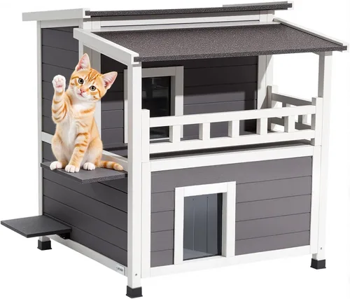 Vista 10 de VEVOR Casa para gatos al aire libre, refugio de madera para gatos de 2 pisos con escaleras y balcón, refugio elevado para gatitos, habitación