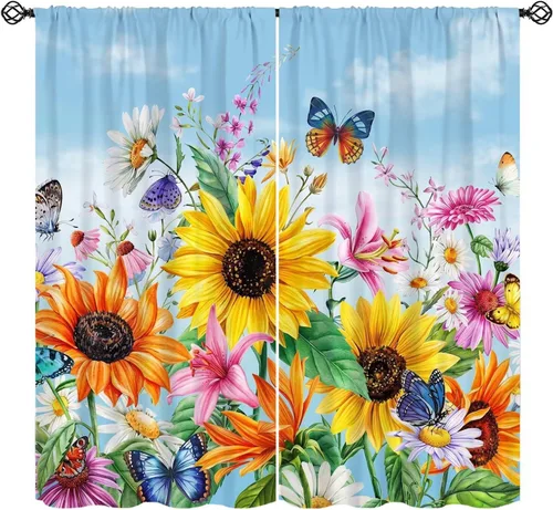Vista 15 de Sunflower Curtains for Living Room Bedroom, Spring Nature Blue Sky and Butterfly Window Drapes, Rustic Wooden Fence Floral Botanical Decor, 2 Panels