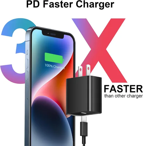 Vista 2 de Cargador de carga rápida para iPhone 17, 16, 15, paquete de 3+3 cargadores de pared USB C de 20 W con cable de carga rápida de 6 pies compatible