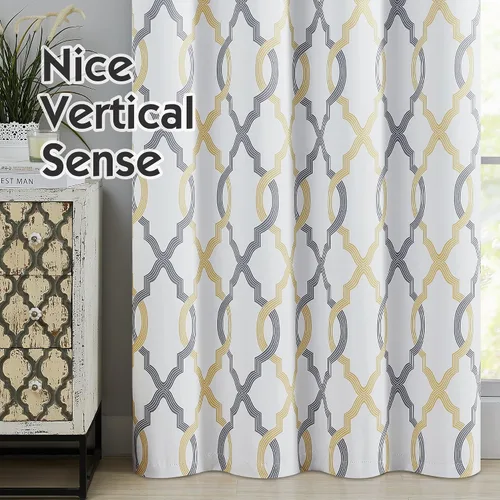 Vista 4 de Cortinas 100% blackout, de 54 pulgadas de largo, para dormitorio, amarillo gris sobre blanco con patrón geométrico marroquí, para sala de estar
