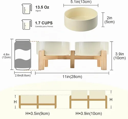 Vista 2 de SPUNKYJUNKY Cuencos Elevados para Perros de Cerámica, 5.1'' Cuencos de Comida y Agua para Perros y Gatos Elevados con Soporte de Bambú Beige