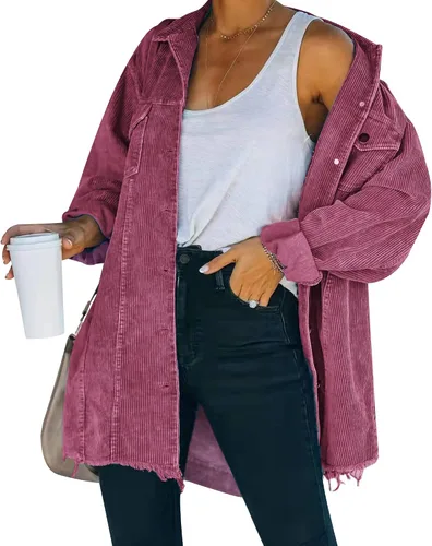Vista 7 de Hixiaohe Chaqueta Camisa de Pana con Botones Holgada Casual para Mujer Abrigo Lavado Retro Shacket Verde militar