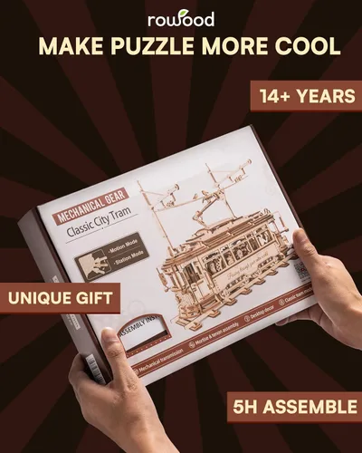 Vista 6 de RoWood Rompecabezas 3D para adultos, kit de modelo de automóvil, rompecabezas de madera 3D, modelo de tranvía mecánico, kit de construcción