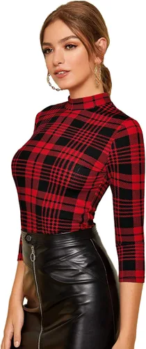 Vista 4 de Romwe Blusa casual de trabajo con cuello alto a cuadros para mujer