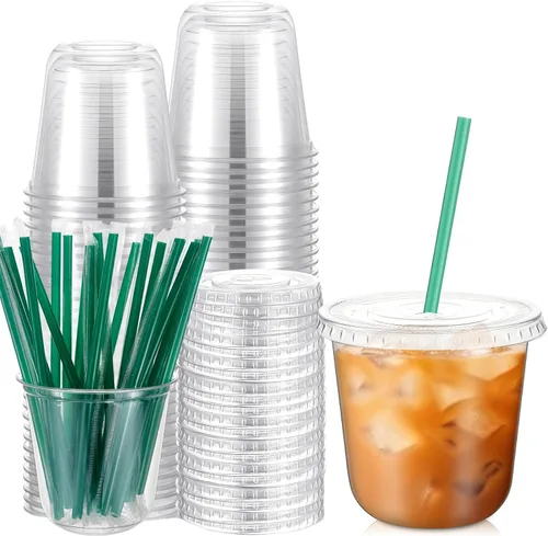 Vista 7 de Baderke Juego de 25 vasos de plástico con tapas y pajitas, tazas de plástico desechables para café helado, jugo, batido, cristal para cafeterías