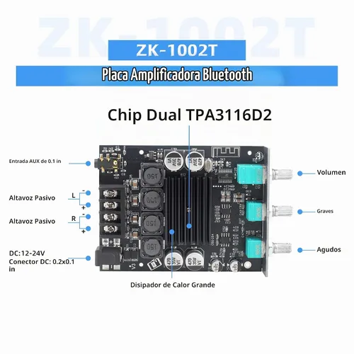 Vista 2 de 200W Bluetooth 5.0 Placa de Amplificador de Audio Estéreo de Potencia con Control de Agudos y Graves 2.0 Canal Mini Amplificador Digital Inalámbrico