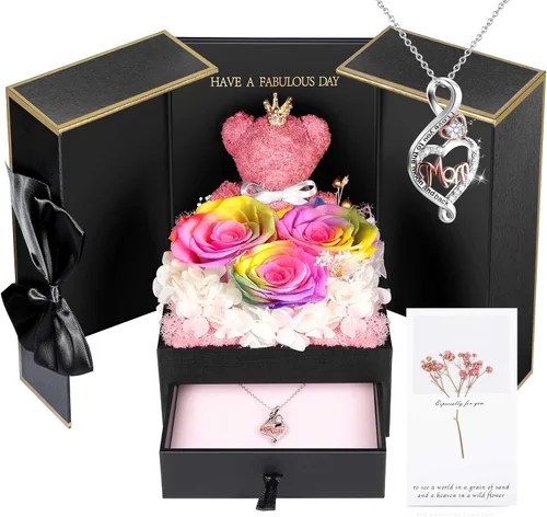 Vista 16 de AddWel Regalos de rosas para mujer, rosas azules reales preservadas con collar I Love You en 100 idiomas y lindo oso de musgo para novia, esposa
