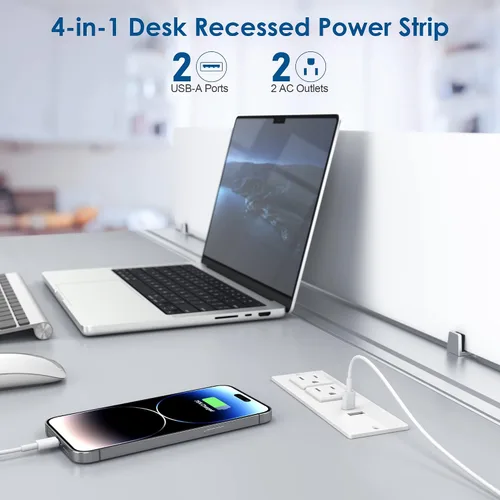 Vista 2 de Regleta de Energía Empotrada para Conferencias con Enchufe, Cable de 6.56 Pies, Regleta de Energía de Escritorio con Ojal con 2 Enchufes y 2 Puertos