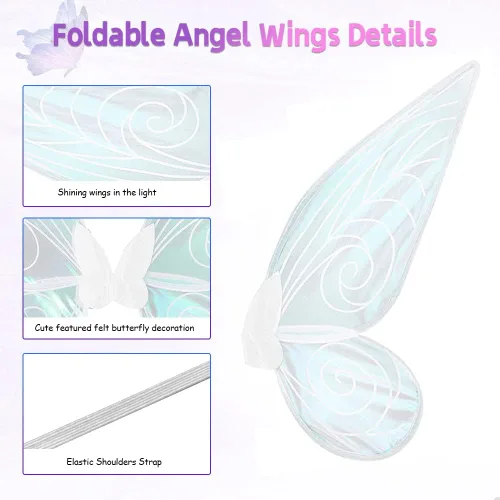 Vista 4 de Girls White Fairy Wings Dress Up Sparkling Sheer Wings Butterfly Fairy Halloween Costume Angel Wings for Kids Girls Women