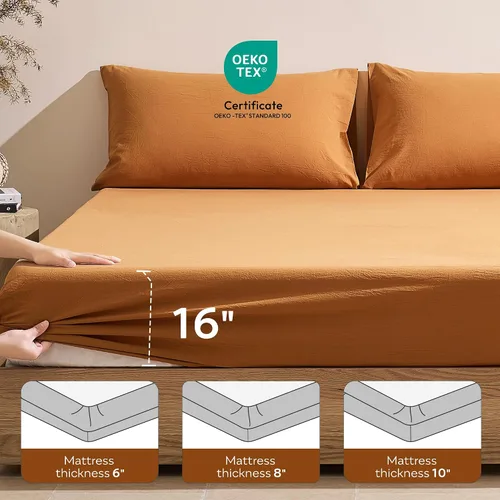 Vista 3 de JELLYMONI - Sábana bajera ajustable 100% algodón lavado, tamaño Queen, bolsillo profundo de 16 pulgadas Certificado OEKO-TEX, etiqueta de lado