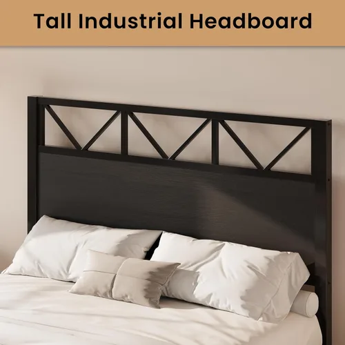 Vista 8 de LIKIMIO Base de cama Queen con cabecero industrial alto de 51.2 pulgadas, marco de cama de plataforma con soporte de metal fuerte, sólido y estable