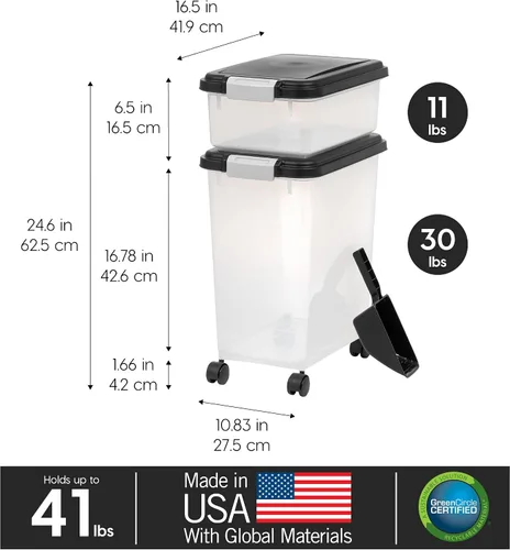 Vista 3 de IRIS USA Contenedor hermético de almacenamiento de comida para perros combinado de 30 libras y 11 libras, caja apilable para premios, cuchara de 2