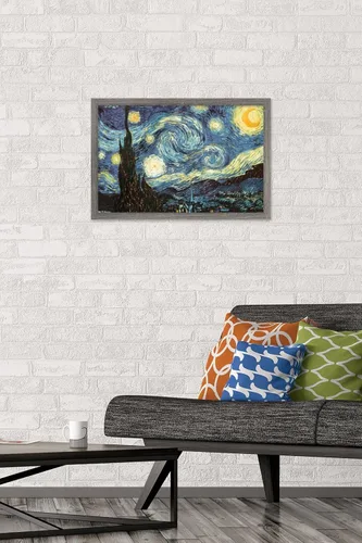 Vista 2 de Trends International Póster de pared The Starry Night de Vincent van Gogh, 14.725 x 22.375 pulgadas, versión enmarcada de madera de granero