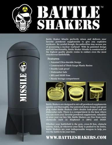 Vista 7 de Missile - Botella agitadora con temática militar, taza de proteína a prueba de fugas con compartimento de almacenamiento, mezcla de polvos