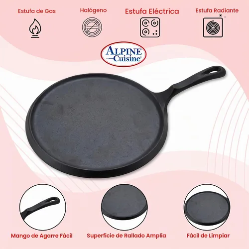 Vista 6 de Alpine Cuisine Plancha plana y comal de hierro fundido de 10 pulgadas Presazonada con mango duradero Utensilios de cocina de calefacción