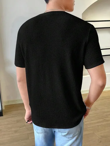 Vista 2 de WDIRARA Camiseta de punto gofre de manga corta con cuello redondo para hombre