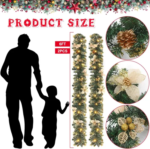 Vista 2 de Ceenna 2 guirnaldas de Navidad de 6 pies con luces, guirnalda artificial preiluminada de Navidad con bayas de pino, decoración de chimenea