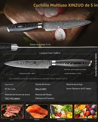 Vista 6 de XINZUO Cuchillo de cocina para pelar, cuchillo de acero de Damasco súper afilado de 5 pulgadas, cuchillo de frutas, mango de madera de Pakkawood